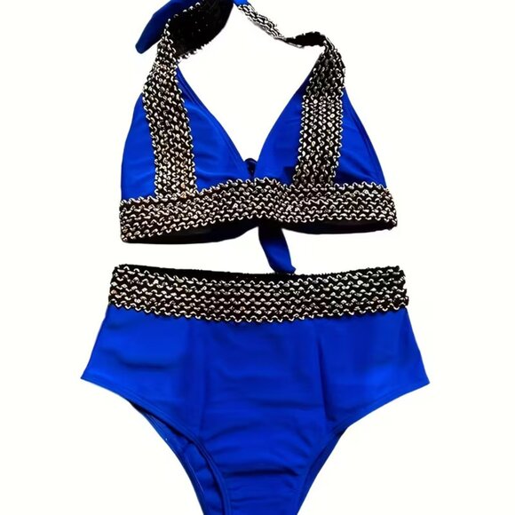 Blue High Waisted Bikini Set Deep V Neck Top w/ Metallic Crochet Trim sz M - Picture 4 of 4
